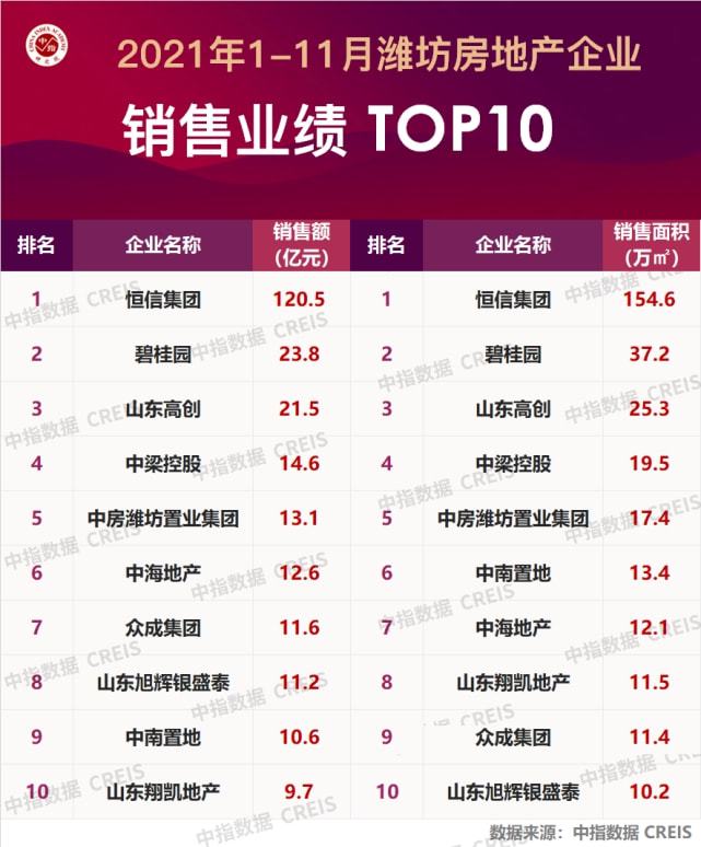 2021年1-11月潍坊房地产企业销售业绩top10